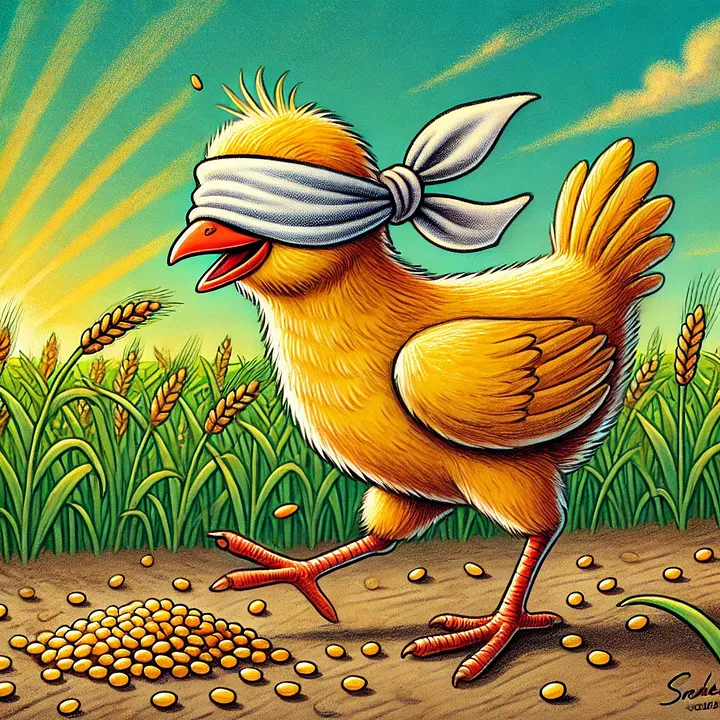 A blindfolded chicken pecking at grain