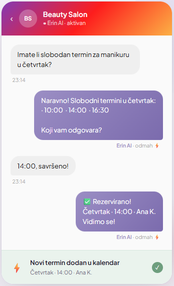 Erin AI booking chat