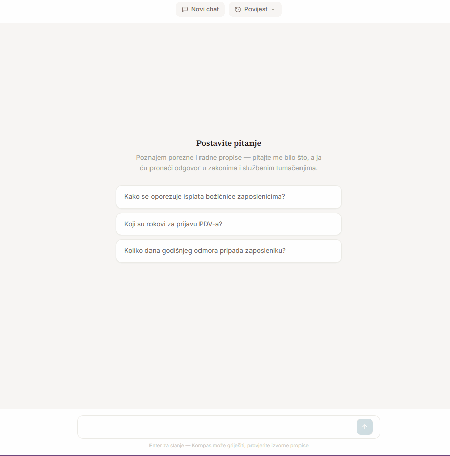 Kompas AI demo — AI assistant answering questions about Croatian law