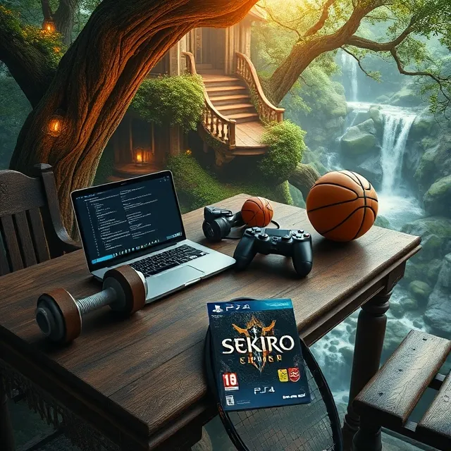 Laptop, Sekiro, controller, dumbbell and basketball — code, play, move