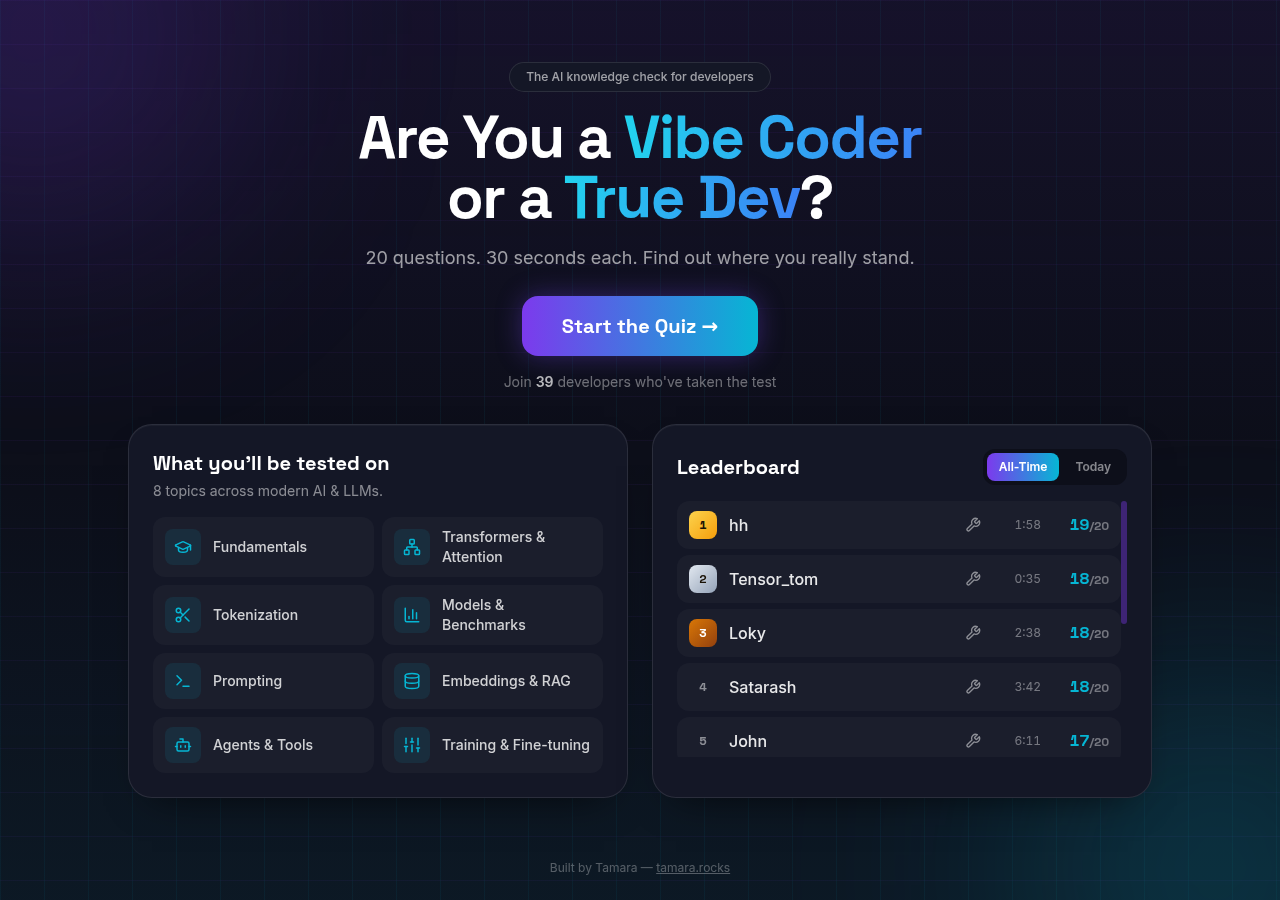 Vibe Coder or True Dev? quiz landing page
