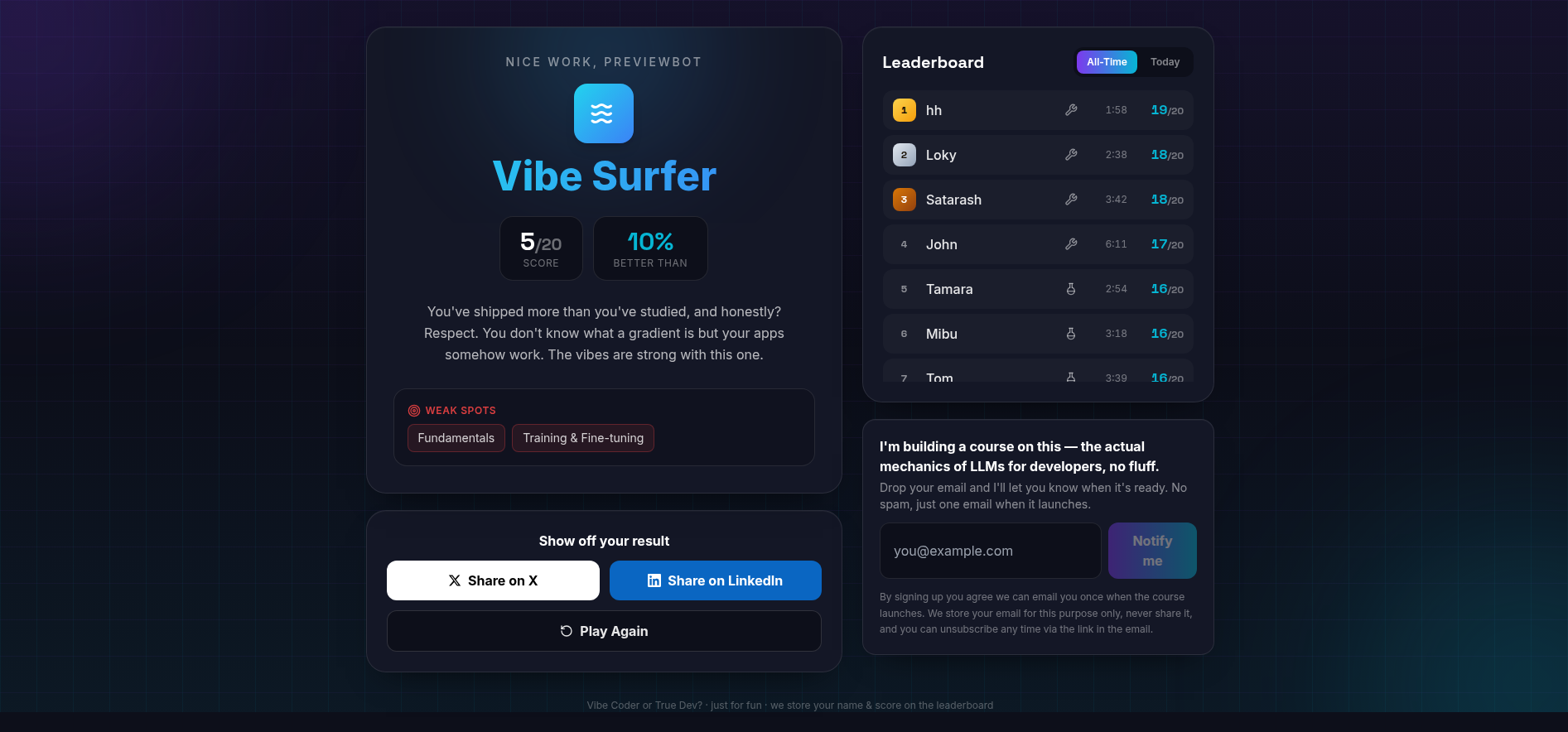 Vibe Coder or True Dev? result screen showing persona and live leaderboard