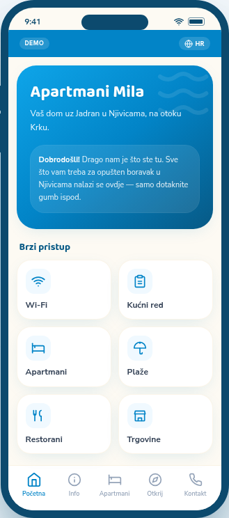 Welcome Book guest guide shown on a phone, Apartmani Mila home screen with Wi-Fi, house rules, apartments and beaches